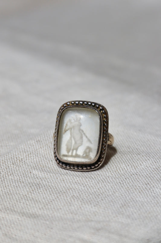 Vintage Gold and Silver Mother-of-Pearl Intaglio Ring