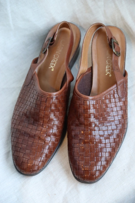 Cabin Creek Brown Leather Woven Slingbacks