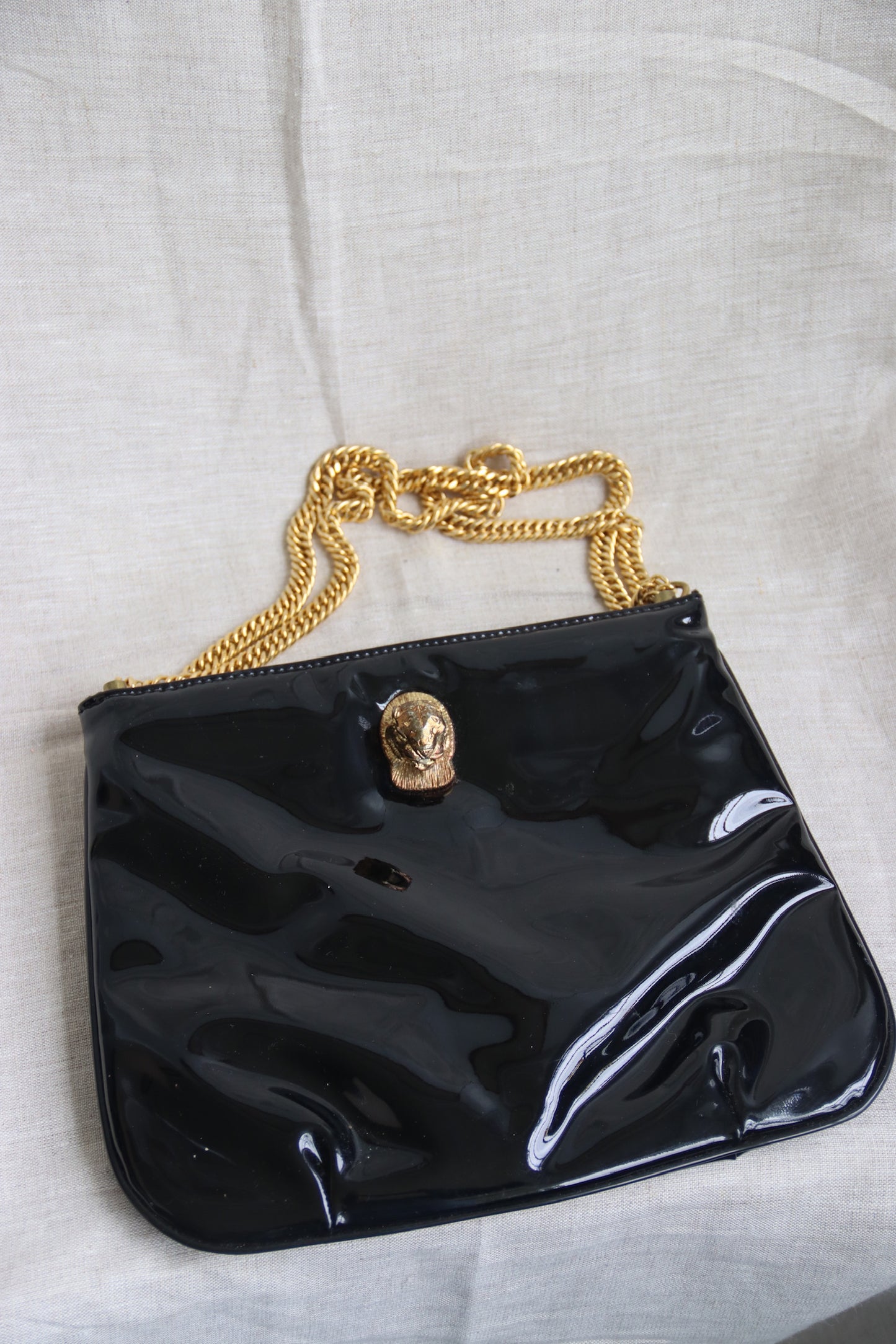 90s Vintage Ruth Saltz Black Patent Bag with Gold Emblem