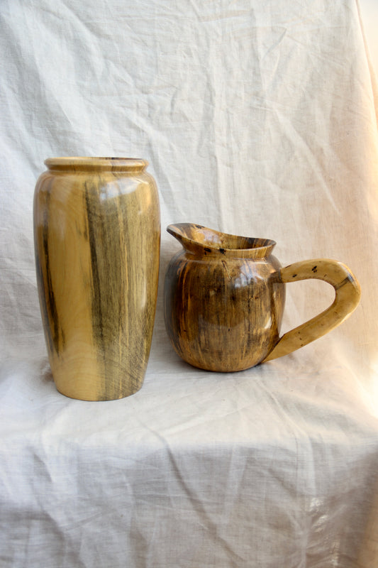 Polished Wood Turned Vase and Pitcher Set