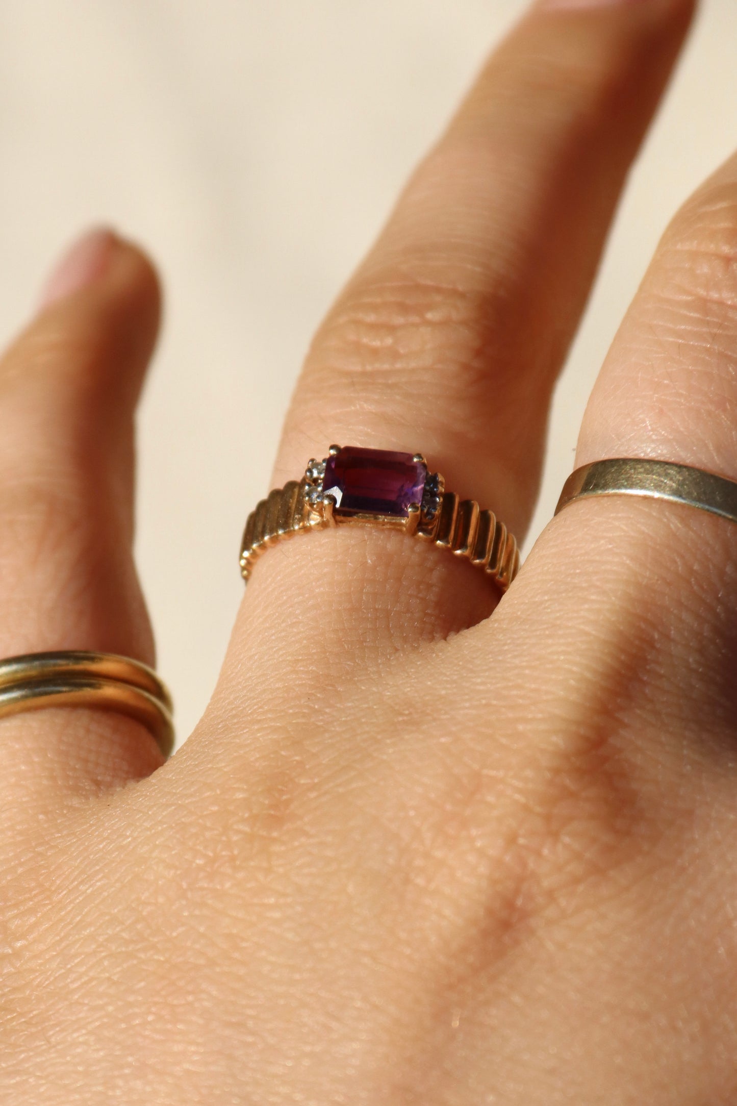 Amethyst and Diamond Ring with Fluted Shoulders -10K