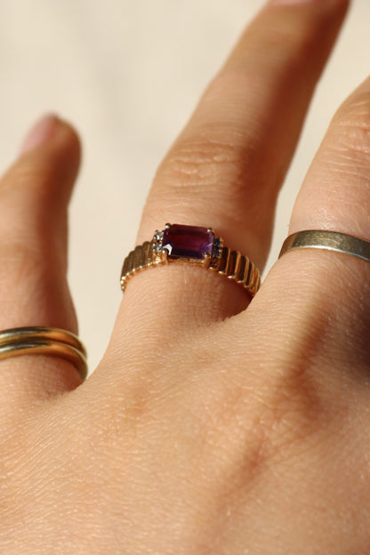 Amethyst and Diamond Ring with Fluted Shoulders -10K