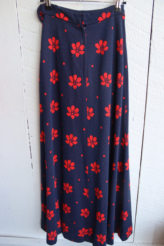 Vintage 1970s Navy Blue and Red Floral Maxi Skirt