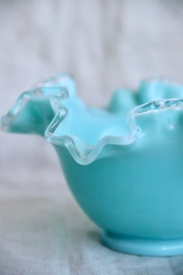 Fenton Turquoise Ruffled Blue Glass Bowl