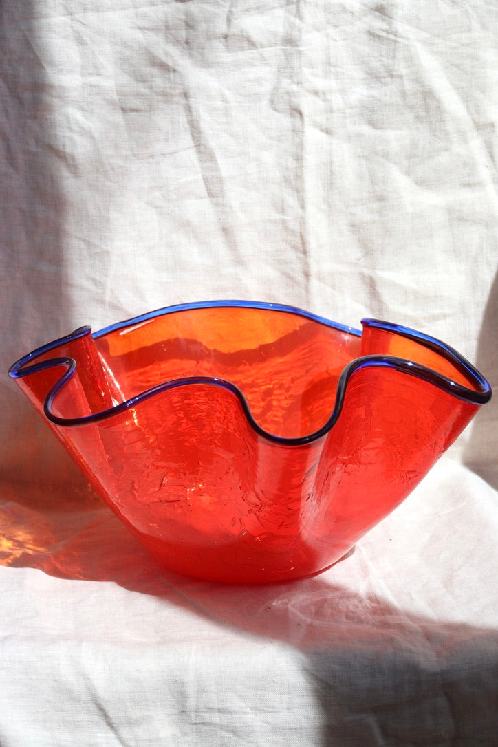 Peter Greenwood Large Orange Crackle Glass Wave Bowl with Blue Edge