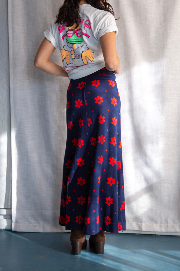 Vintage 1970s Vicky Vaughn Navy Blue and Red Floral Maxi Skirt