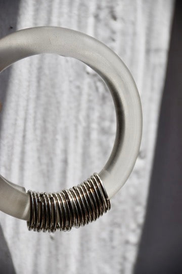 Frosted Lucite Bypass Bangle Bracelet with Silver Rings