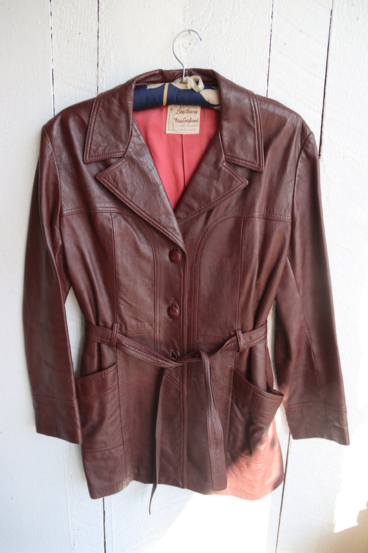 Vintage Leathers New England Sports Wear Co. Maroon Leather Trench Coat