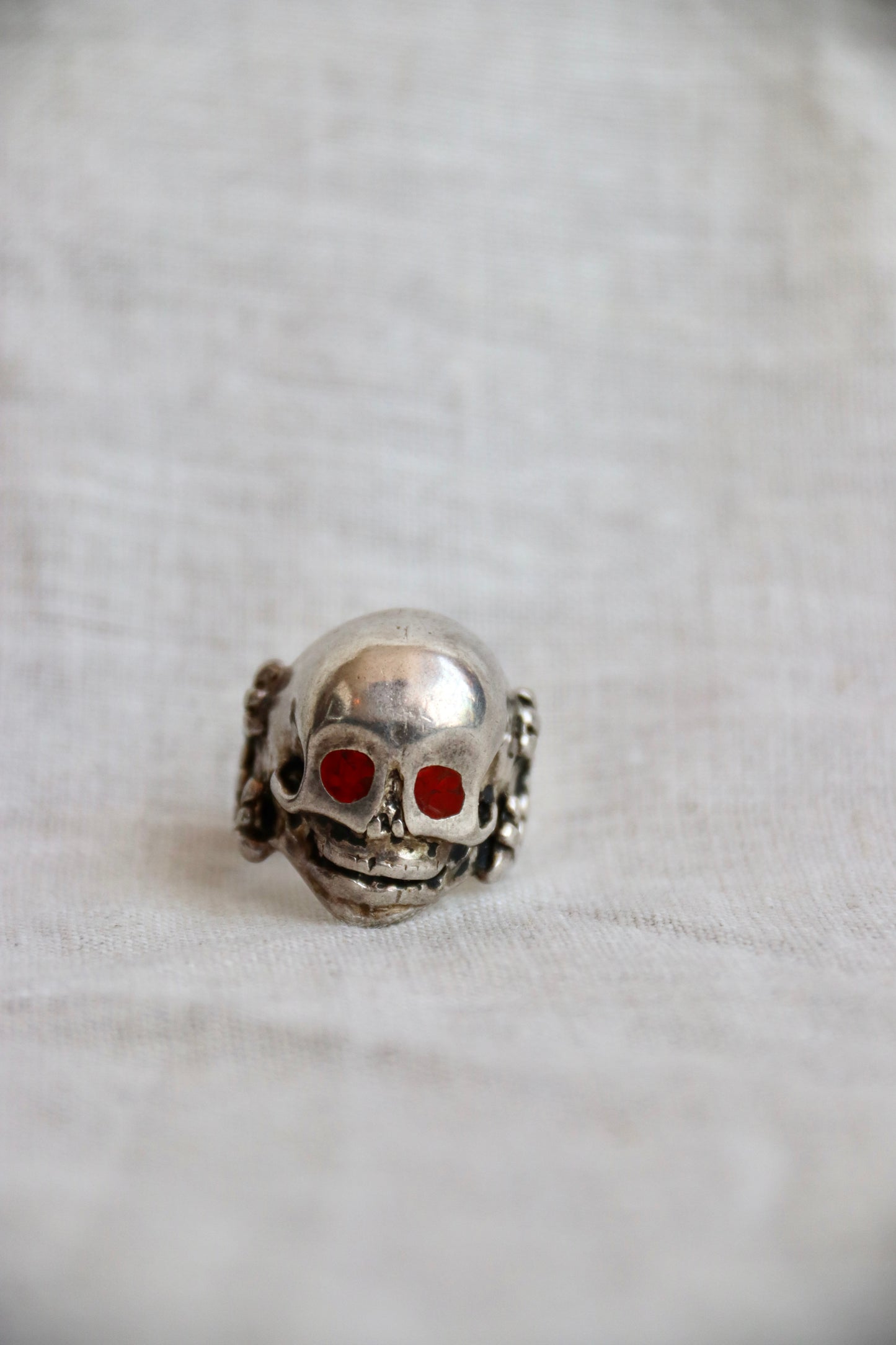 Sterling Silver Skull Ring with Red Eyes