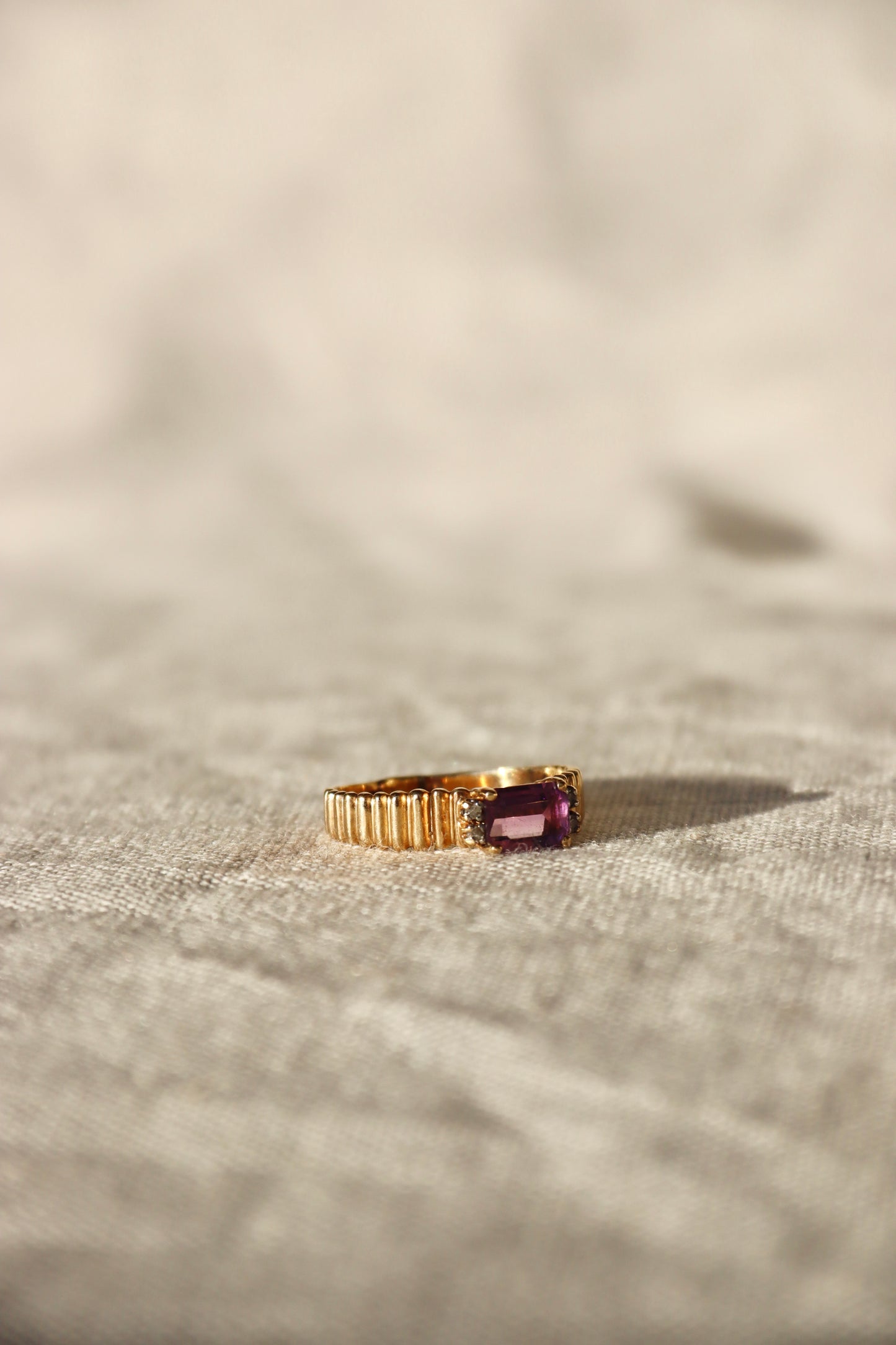 Amethyst and Diamond Ring with Fluted Shoulders -10K