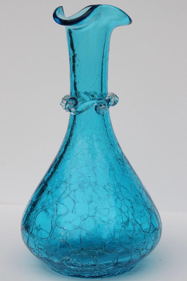 Crackle bright blue hand blown vase