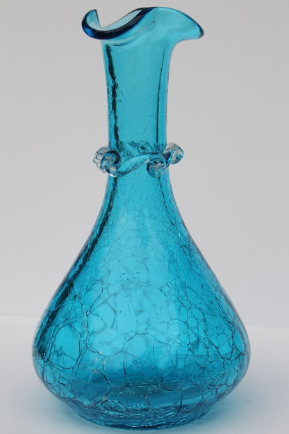 Crackle bright blue hand blown vase