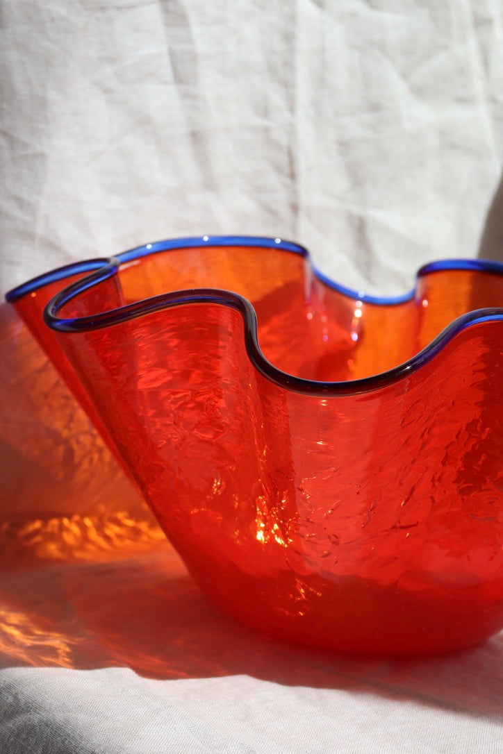 Peter Greenwood Large Orange Crackle Glass Wave Bowl with Blue Edge