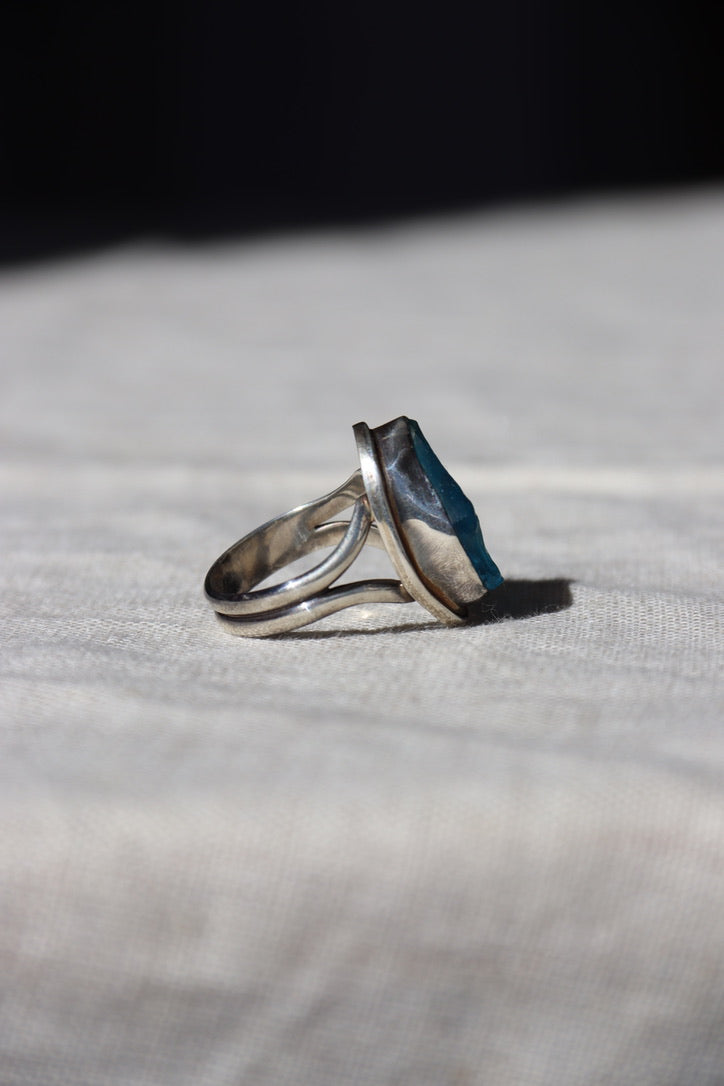 Signed Blue Glass Sterling Silver Ring