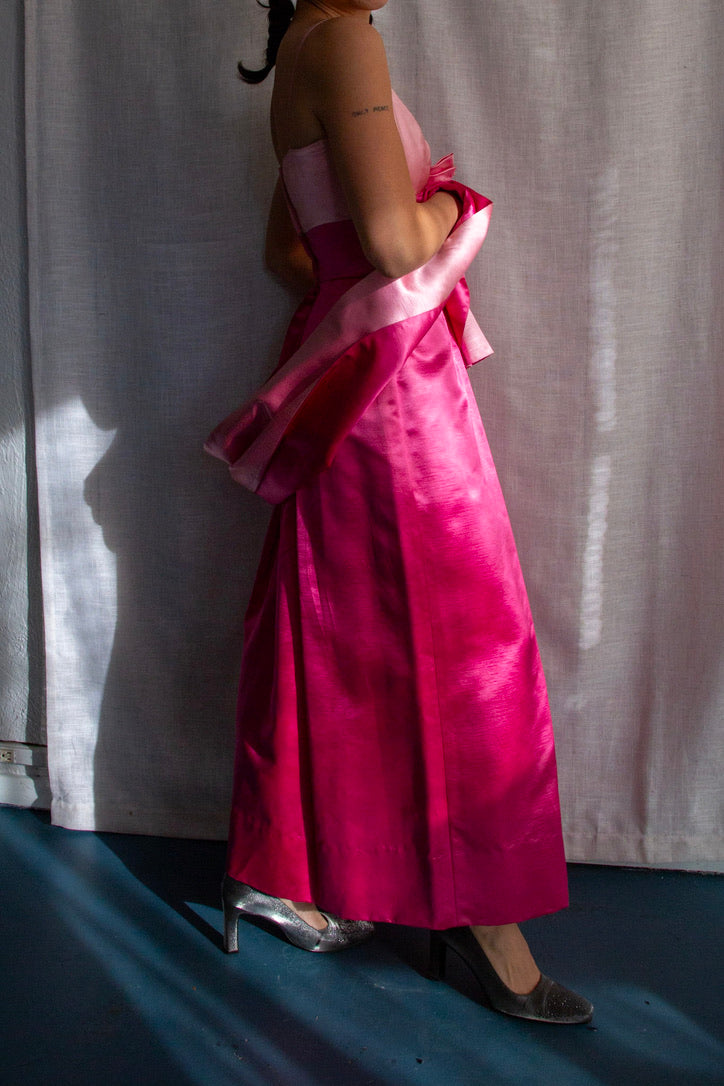 Vintage 60s Harry Keiser Pink Satin Evening Gown with Wrap Stole