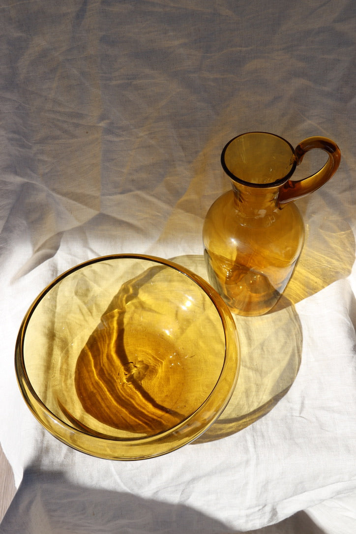 Amber Art Blown Glass Pitcher and Bowl