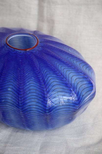 Blue Studio Art Glass Ruffled Oval Vase