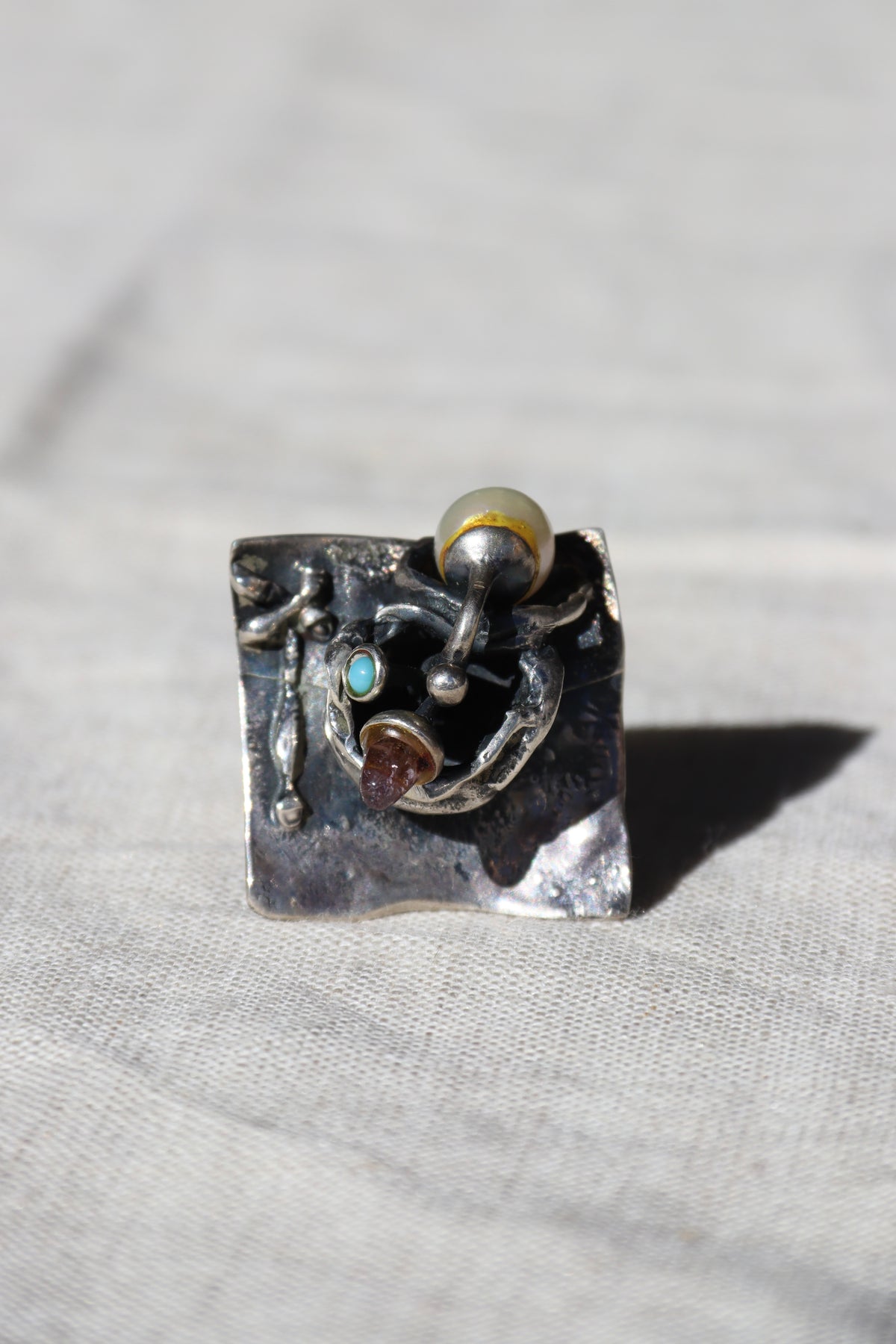 Winifred Wager Sterling Silver Abstract Ring with Amethyst, Turquoise, and Pearl