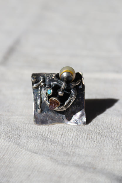 Winifred Wager Sterling Silver Abstract Ring with Amethyst, Turquoise, and Pearl