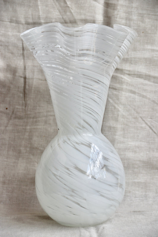 Large Hand Blown White Glass Ruffle Vase