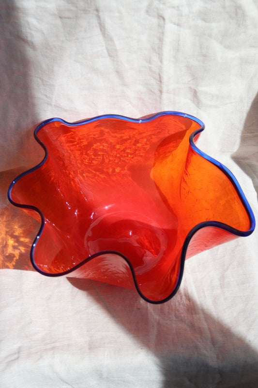 Peter Greenwood Large Orange Crackle Glass Wave Bowl with Blue Edge