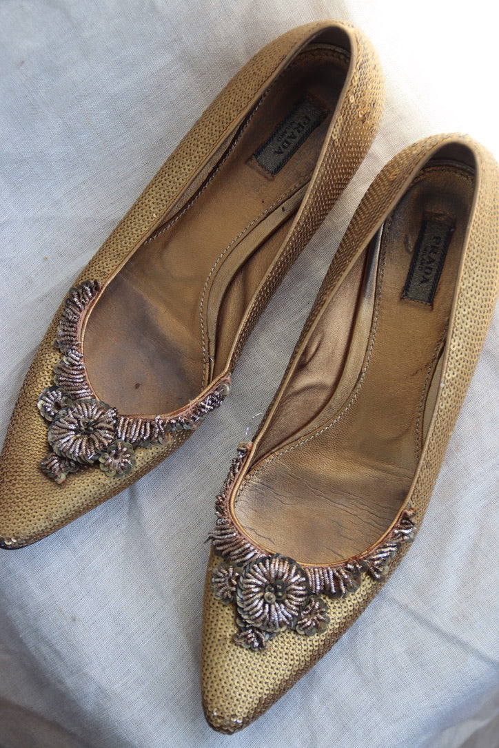 Prada Gold Flats