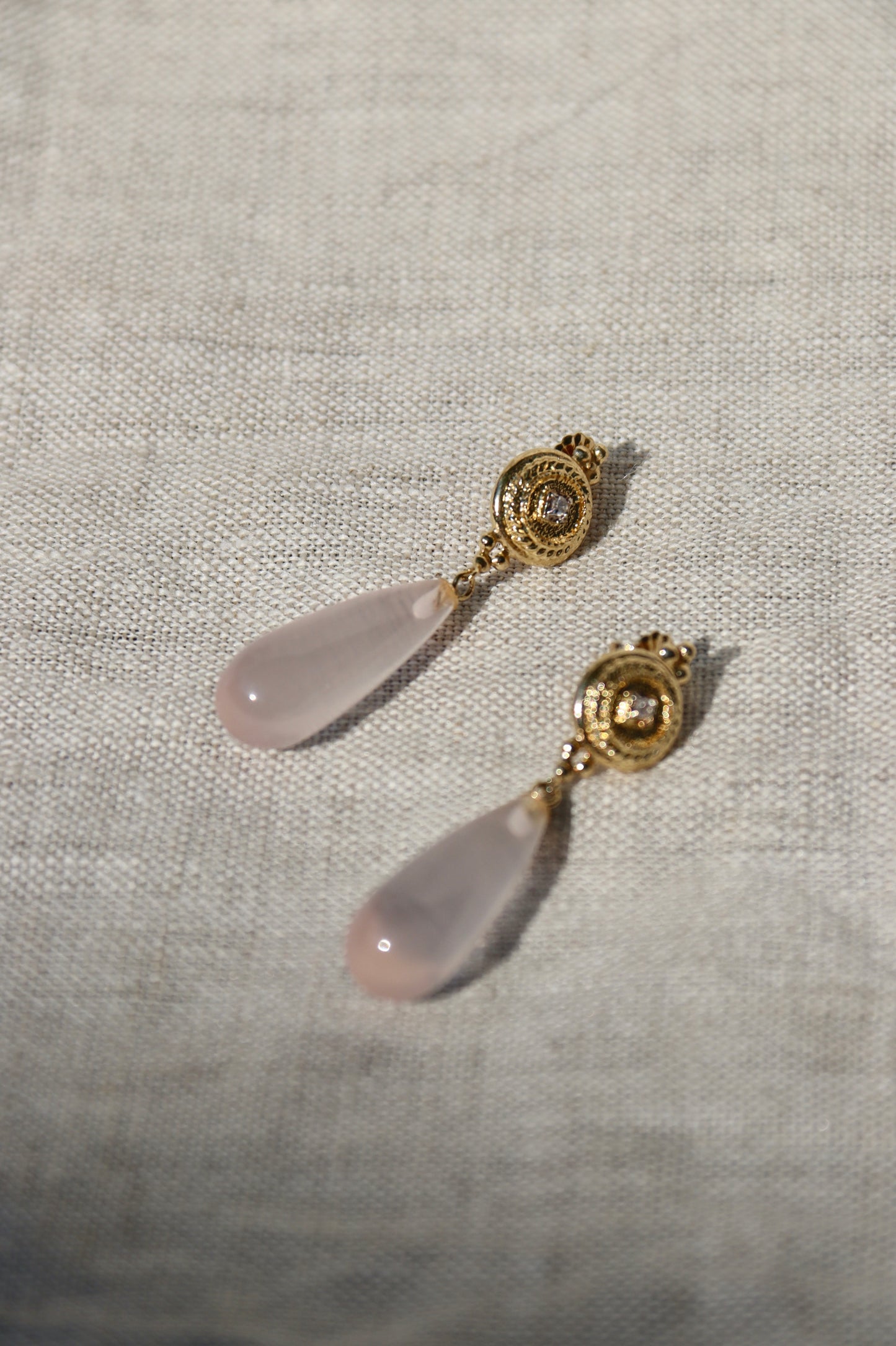 Rose Quartz and Diamond Earrings - 14K Yellow Gold