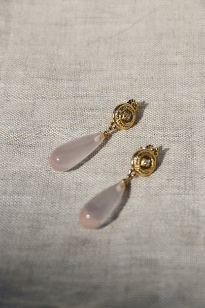 Rose Quartz and Diamond Earrings - 14K Yellow Gold