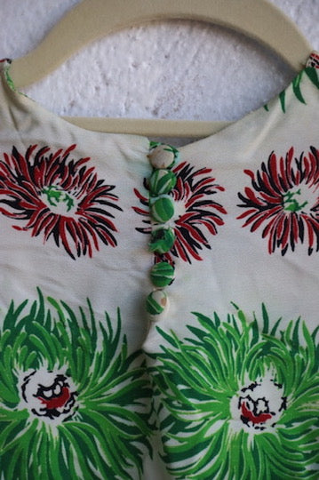 Vintage White with Green Flowers Dress - as is