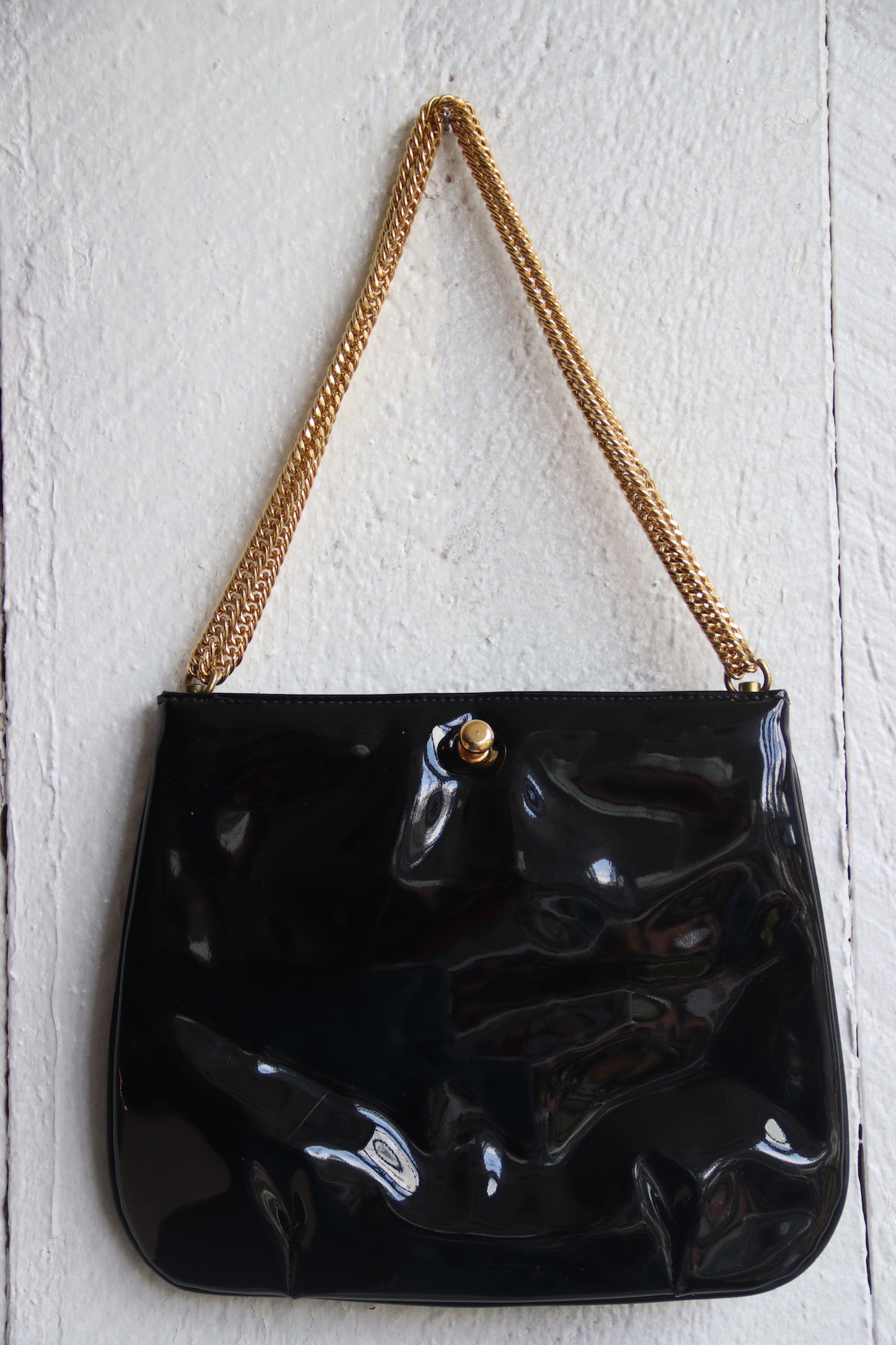 90s Vintage Ruth Saltz Black Patent Bag with Gold Emblem