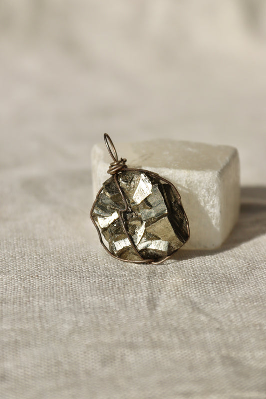 Sterling Silver Wire Wrapped Raw Pyrite Crystal Pendant