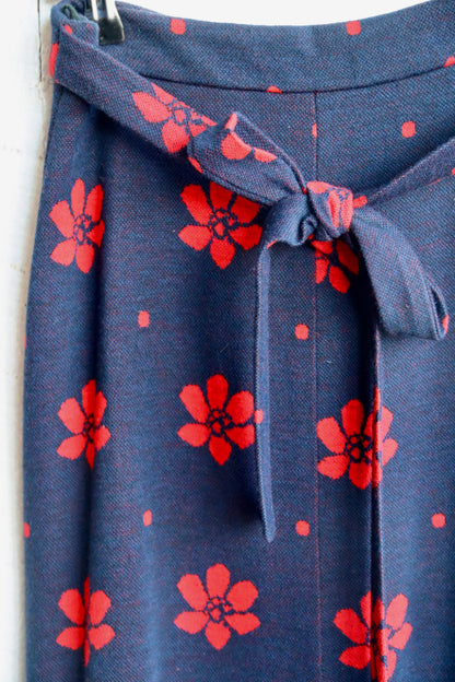 Vintage 1970s Navy Blue and Red Floral Maxi Skirt