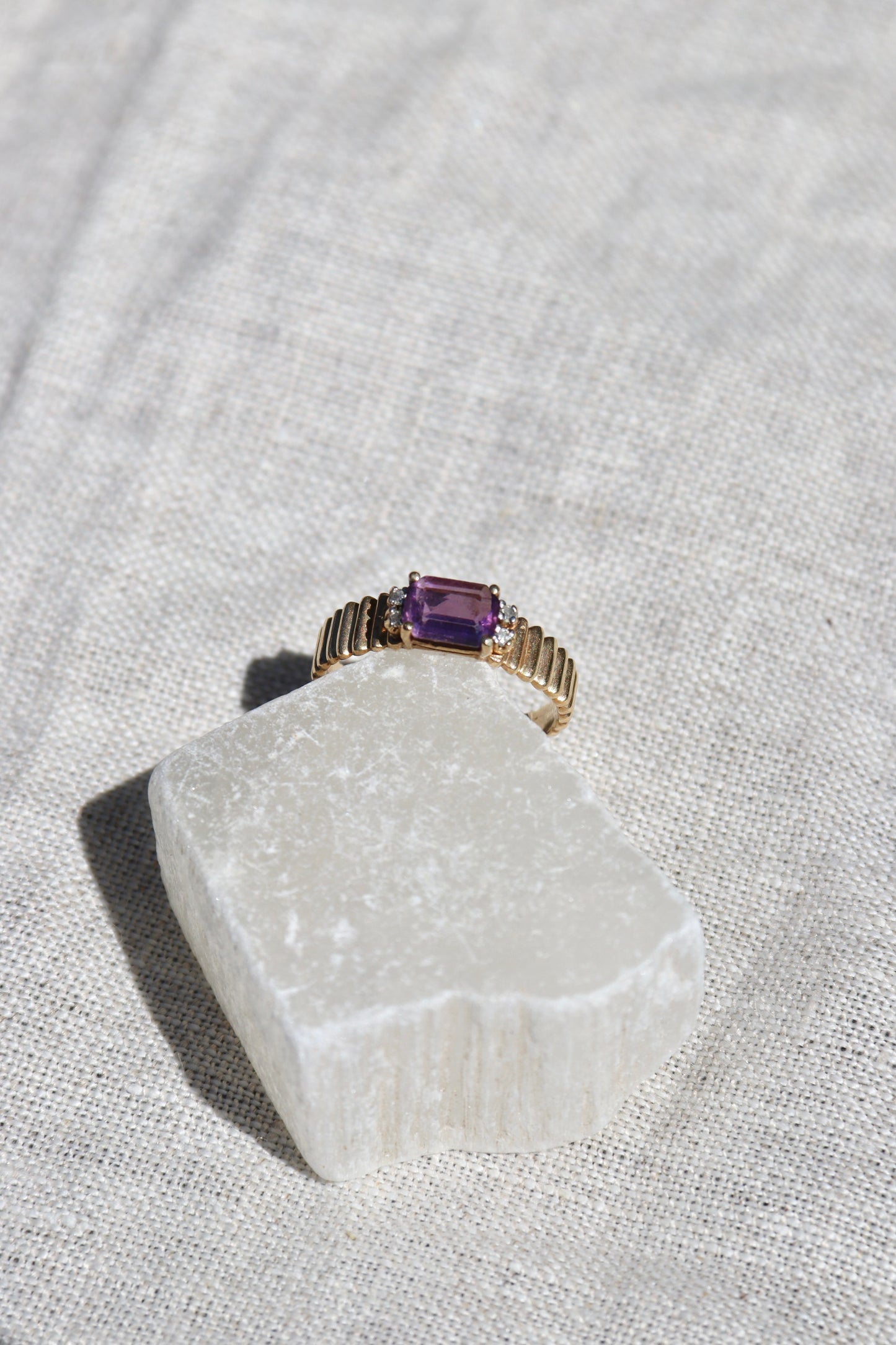 Amethyst and Diamond Ring with Fluted Shoulders -10K