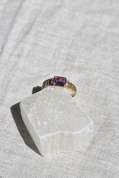 Amethyst and Diamond Ring with Fluted Shoulders -10K