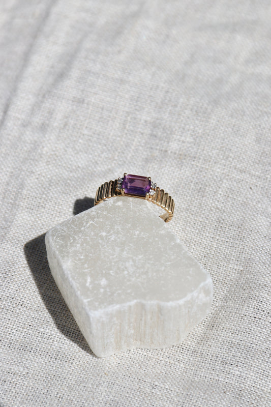 Amethyst and Diamond Ring with Fluted Shoulders -10K