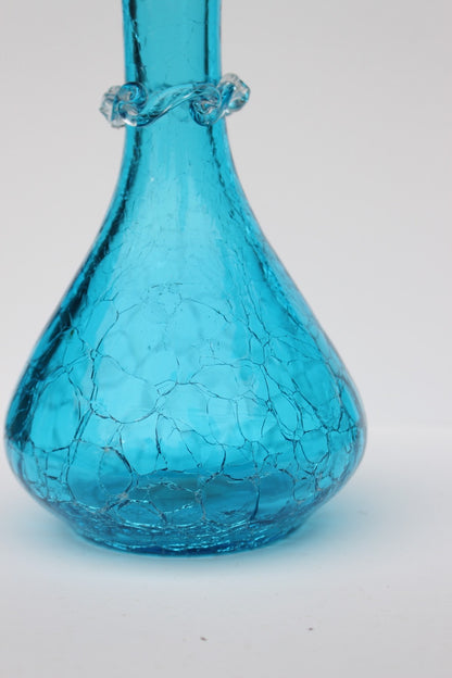 Crackle bright blue hand blown vase