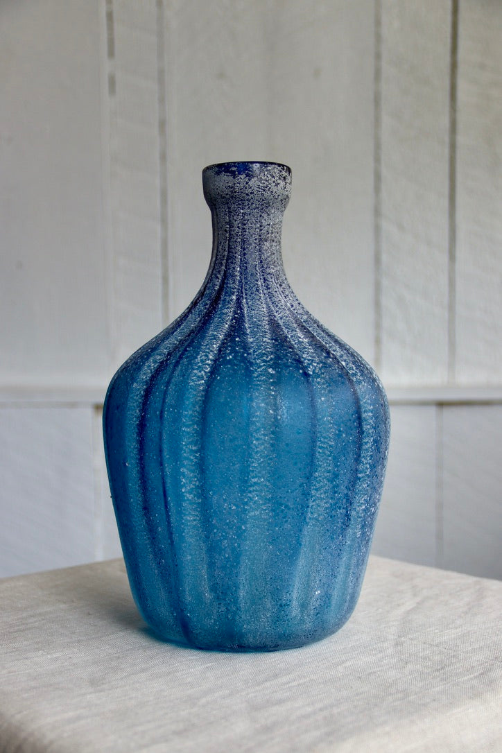 Set of Two Blue Ribbed Painted Bottles