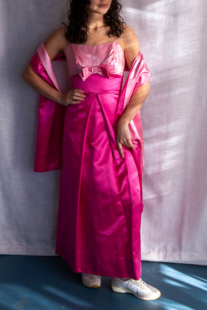 Vintage 60s Harry Keiser Pink Satin Evening Gown with Wrap Stole