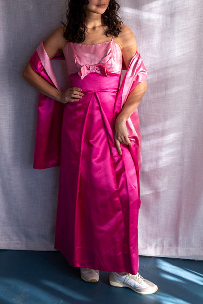 Vintage 60s Harry Keiser Pink Satin Evening Gown with Wrap Stole