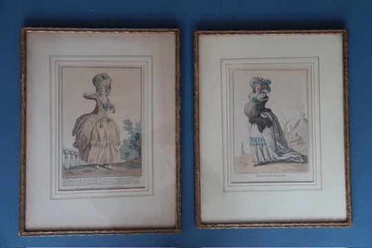 Set of Two Vintage Framed Fashion Prints with Hand Drawn Mattes