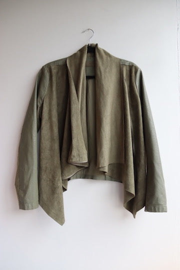 BlankNYC olive green faux suede and vegan leather drape front jacket