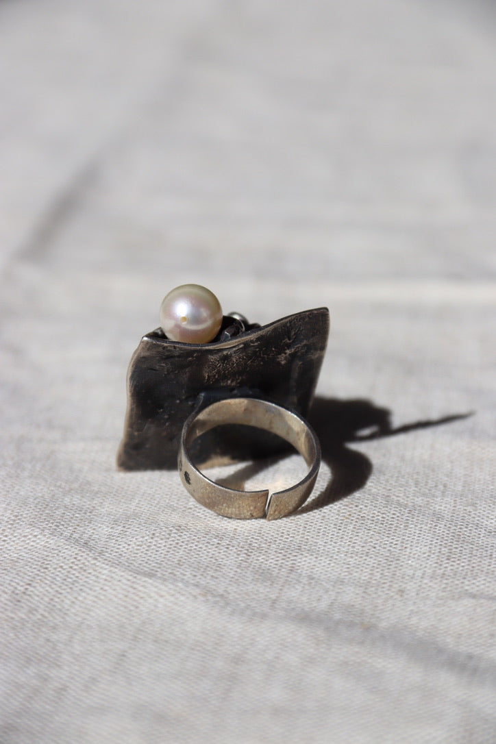 Winifred Wager Sterling Silver Abstract Ring with Amethyst, Turquoise, and Pearl