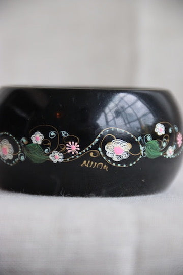 Black Hand Painted Flowered Bangle Bracelet