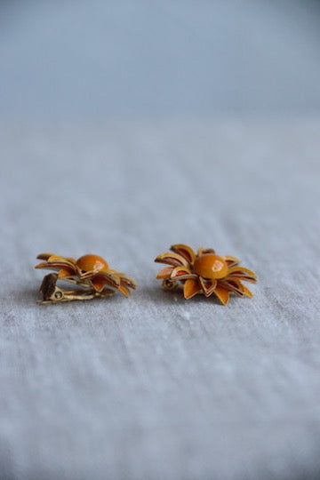 Orange Flower Clip On Earrings