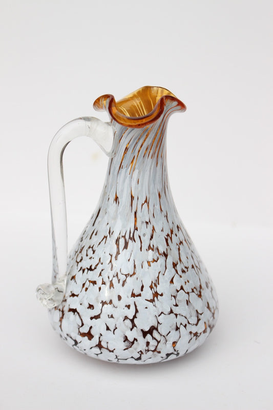 Hand Blown glass orange and white vase with handle