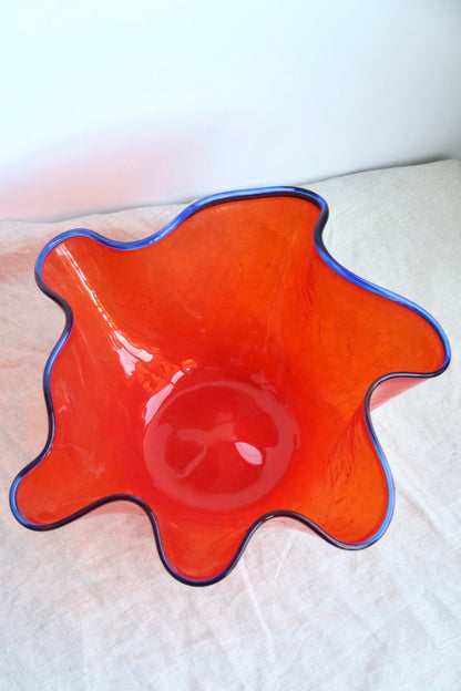 Peter Greenwood Large Orange Crackle Glass Wave Bowl with Blue Edge