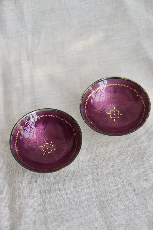Set of 2 purple enamel and sterling silver bowls