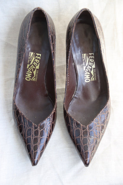 Ferragamo Chocolate Brown Snakeskin Heels