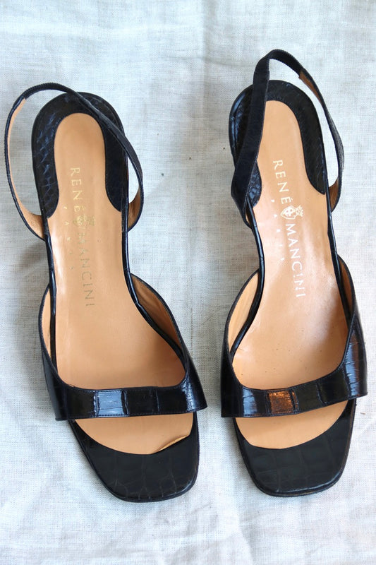 vintage René Mancini black embossed leather slingback heels
