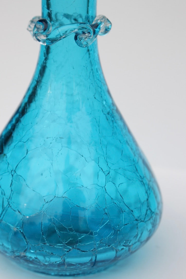 Crackle bright blue hand blown vase